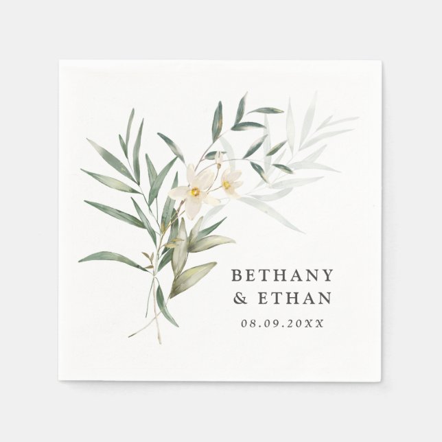 Elegant Magnolia Greenery Wedding Napkins (Front)