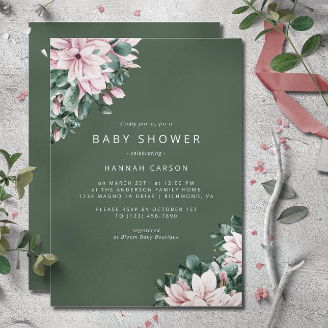 Elegant Magnolia | Simple Forest Green Baby Shower Invitation (Creator Uploaded)