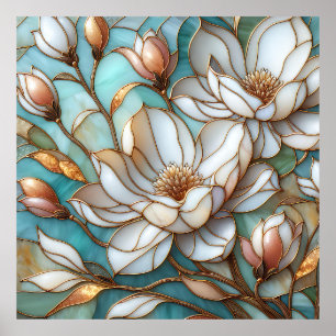 Elegant Magnolia Stained Glass Floral Mosaic Art Poster