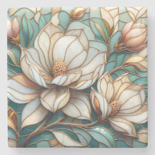 Elegant Magnolia Stained Glass Floral Mosaic Art Stone Coaster