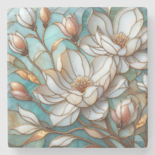 Elegant Magnolia Stained Glass Floral Mosaic Art Stone Coaster