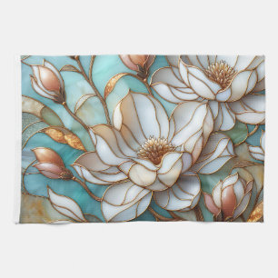 Elegant Magnolia Stained Glass Floral Mosaic Art Tea Towel