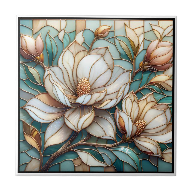 Elegant Magnolia Stained Glass Floral Mosaic Art Tile (Front)