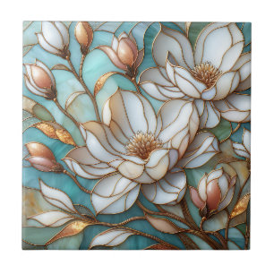 Elegant Magnolia Stained Glass Floral Mosaic Art Tile