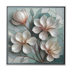 Elegant Magnolia Stained Glass Floral Mosaic Art Tile