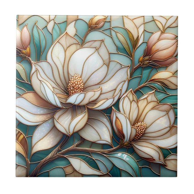 Elegant Magnolia Stained Glass Floral Mosaic Art Tile (Front)