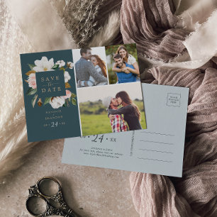 Elegant Magnolia   Teal 3 Photo Save the Date Invitation Postcard