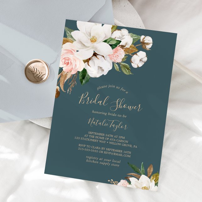 Elegant Magnolia | Teal and White Bridal Shower Invitation (Creator Uploaded)