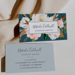Elegant Magnolia | Teal and White Business Card<br><div class="desc">This elegant magnolia teal and white business card is perfect for a small business owner,  consultant,  stylist and more! The moody floral design features watercolor blush pink peonies,  stunning white magnolia flowers and cotton with gold and green leaves in a luxurious arrangement on a teal background.</div>
