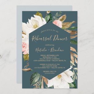 Elegant Magnolia Teal and White Rehearsal Dinner Invitation