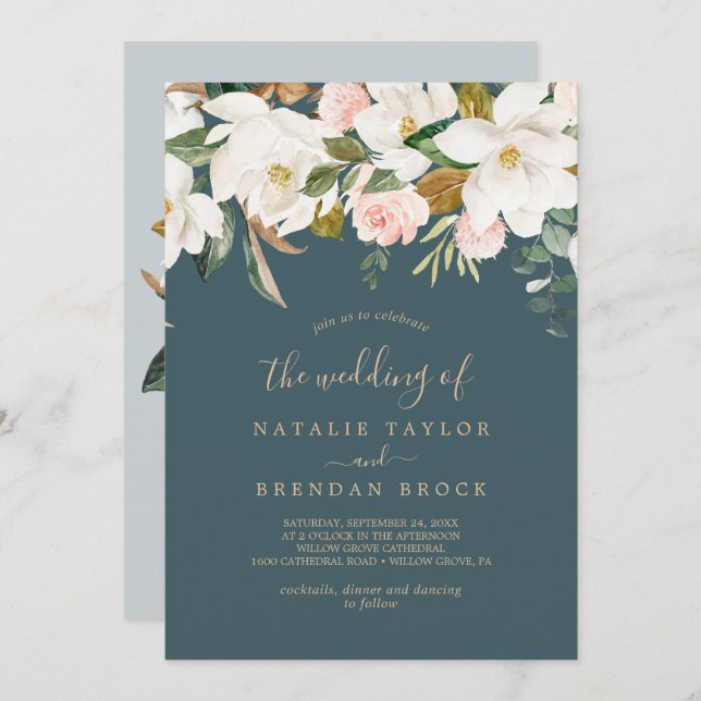 Elegant Magnolia | Teal and White The Wedding Of Invitation (Front/Back)