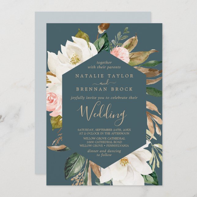 Elegant Magnolia | Teal and White Wedding Invitation (Front/Back)