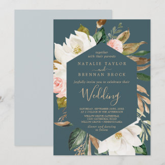 Elegant Magnolia | Teal and White Wedding Invitation