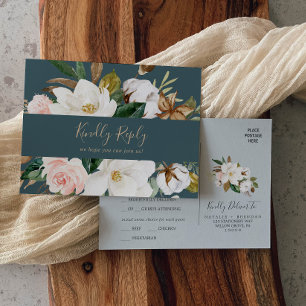 Elegant Magnolia Teal Menu Choice RSVP Postcard
