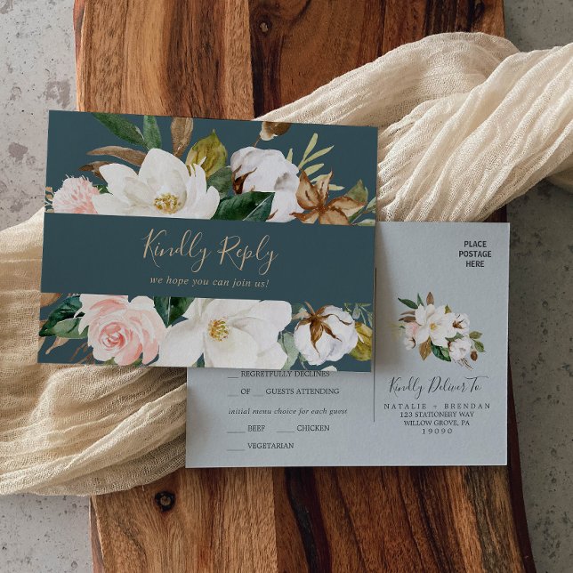Elegant Magnolia | Teal Menu Choice RSVP Postcard (Creator Uploaded)