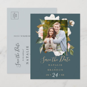 Elegant Magnolia   Teal Photo Save the Date Invitation Postcard