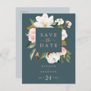 Elegant Magnolia Teal Save the Date Postcard