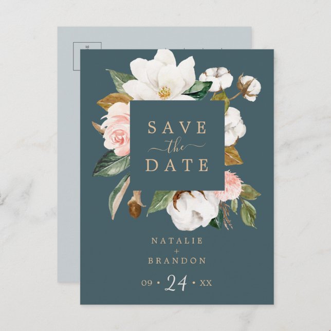 Elegant Magnolia | Teal Save the Date Postcard (Front/Back)
