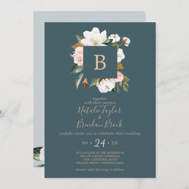 Elegant Magnolia | Teal & White All In One Wedding Invitation (Front/Back)