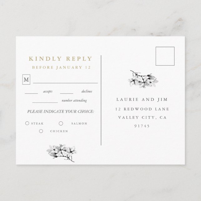 Elegant Magnolia Wedding RSVP with Meal Choice   Invitation Postcard (Back)