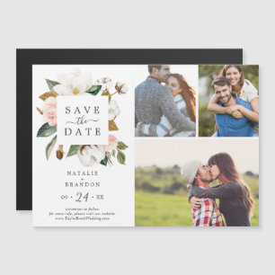 Elegant Magnolia White 3 Photo Save the Date Magnetic Invitation