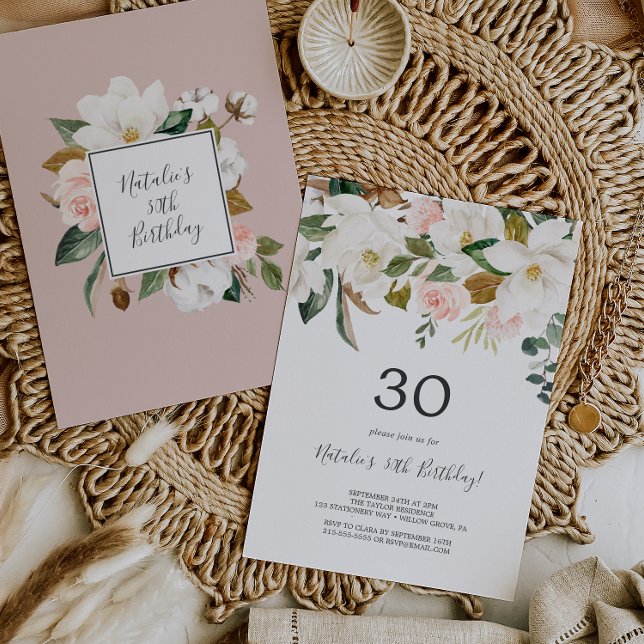 Elegant Magnolia | White and Blush 30th Birthday Invitation (Creator Uploaded)