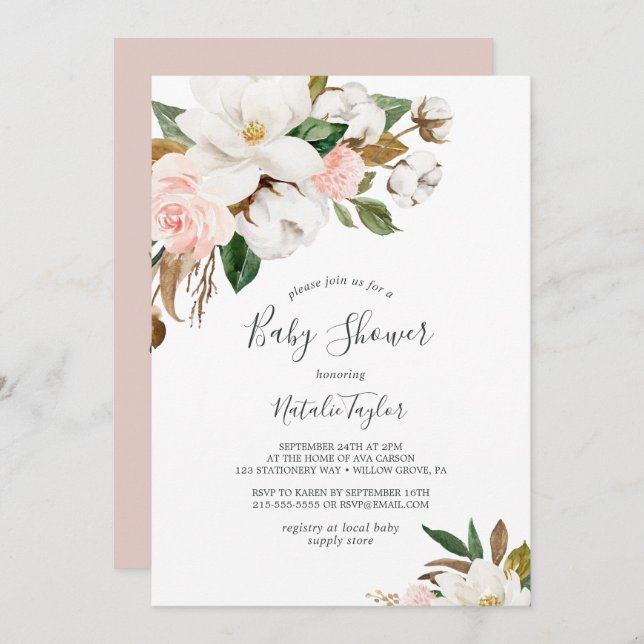 Elegant Magnolia | White and Blush Baby Shower Invitation (Front/Back)