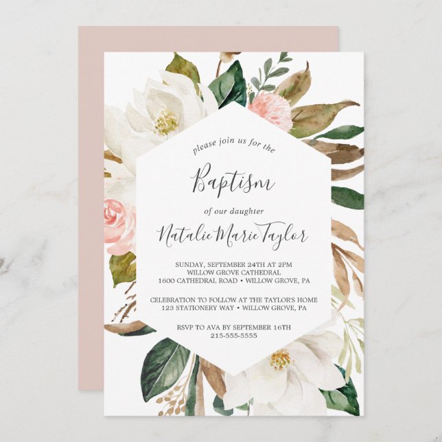 Elegant Magnolia | White and Blush Baptism Invitation (Front/Back)