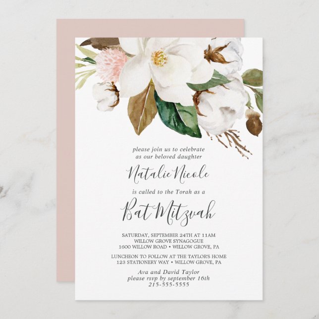Elegant Magnolia | White and Blush Bat Mitzvah Invitation (Front/Back)