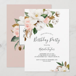 Elegant Magnolia   White and Blush Birthday Party Invitation