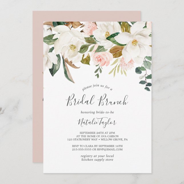 Elegant Magnolia | White and Blush Bridal Brunch Invitation (Front/Back)