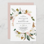 Elegant Magnolia | White and Blush Casual Wedding Invitation<br><div class="desc">This elegant magnolia white and blush casual wedding invitation is perfect for a modern classy wedding. The soft floral design features watercolor blush pink peonies,  stunning white magnolia flowers and cotton with gold and green leaves in a luxurious arrangement.</div>