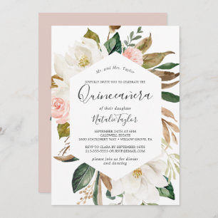 Elegant Magnolia White and Blush Quinceañera Invitation