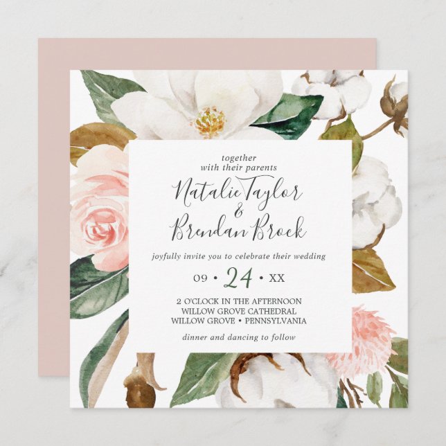 Elegant Magnolia | White and Blush Square Wedding Invitation (Front/Back)