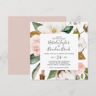 Elegant Magnolia White and Blush Square Wedding Invitation