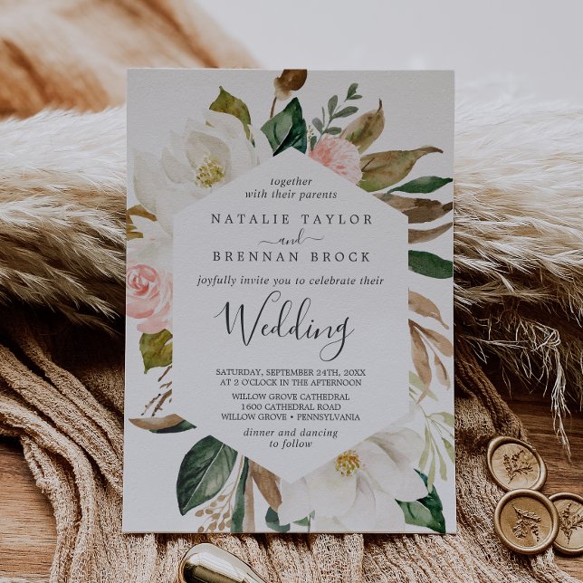 Elegant Magnolia | White and Blush Wedding Invitation (Creator Uploaded)