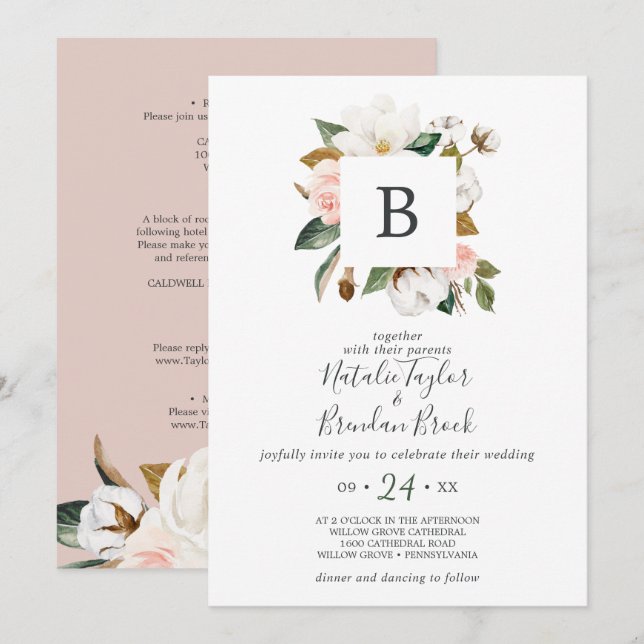 Elegant Magnolia White & Blush All In One Wedding Invitation (Front/Back)