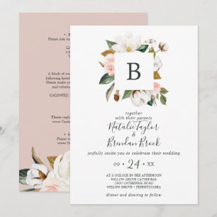 Elegant Magnolia White & Blush All In One Wedding Invitation