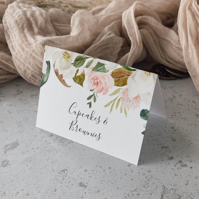 Elegant Magnolia | White & Blush Buffet Food Label Table Number (Creator Uploaded)