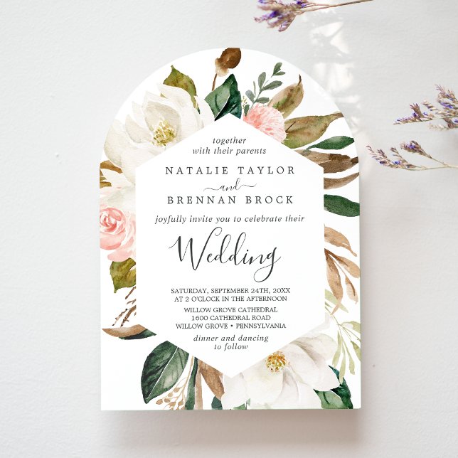 Elegant Magnolia White Blush Floral Arch Wedding Invitation (Elegant Magnolia White Blush Floral Arch Wedding Invitation)