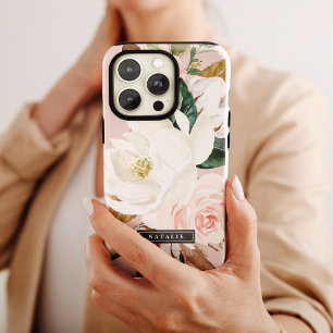 Elegant Magnolia White & Blush Personalised Name Case-Mate iPhone Case