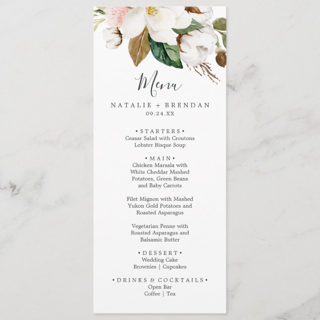 Elegant Magnolia White & Blush Wedding Dinner Menu (Front)
