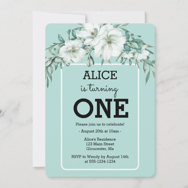 Elegant Magnolia White Pastel Green 1st Birthday Invitation (Front)