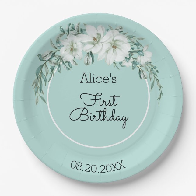 Elegant Magnolia White Pastel Green 1st Birthday Paper Plate (Front)