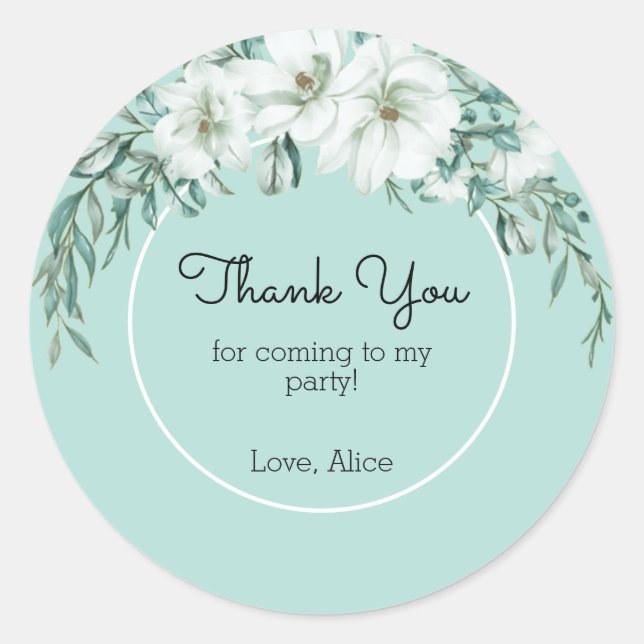 Elegant Magnolia White Pastel Green Thank You Classic Round Sticker (Front)
