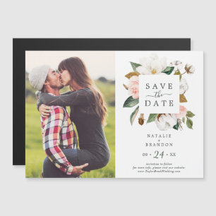 Elegant Magnolia   White Photo Save the Date Magnetic Invitation