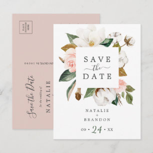 Elegant Magnolia   White Save the Date Postcard