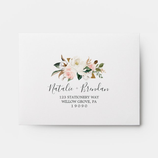 Elegant Magnolia | White Self-Addressed RSVP Envelope (Front)