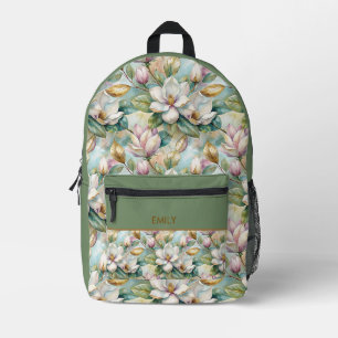 Elegant Magnolias Flowers Gold with Name Printed Backpack