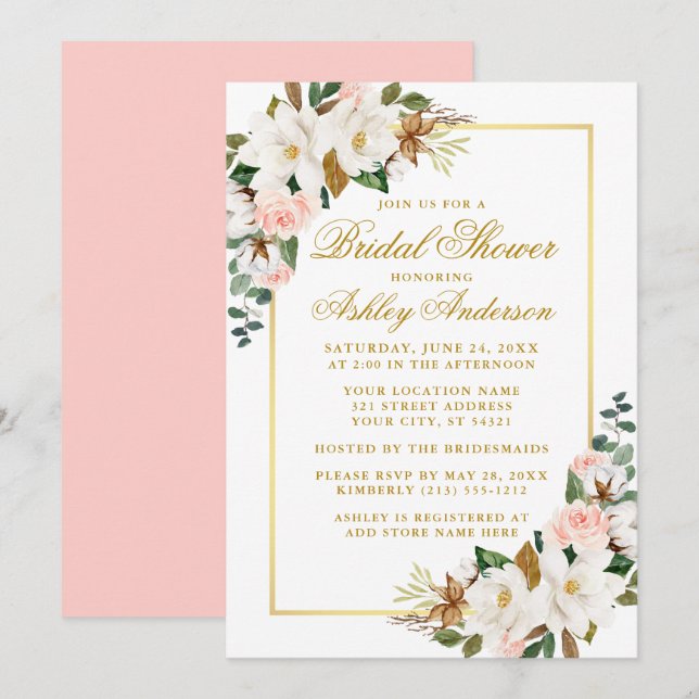 Elegant Magnolias Roses Gold Pink Bridal Shower Invitation (Front/Back)